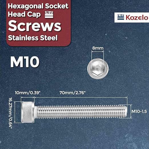 Kozelo 8pcs Socket Head Cap Screws - [M10-1.5 x 70mm] 304 Stainless Steel Allen Socket Drive for Electrical Motor 3D Printing Fan Engine Replacement Use, Silver