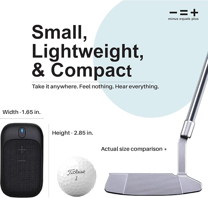 MINUS EQUALS PLUS - = + Golf Speaker/Wireless Wearable Bluetooth Speaker/Portable/Clip on/Up to 18hrs of Battery Life/Built-in Mic for Hands-Free Music and Calls/Water Resistant/Modern Design (Black)