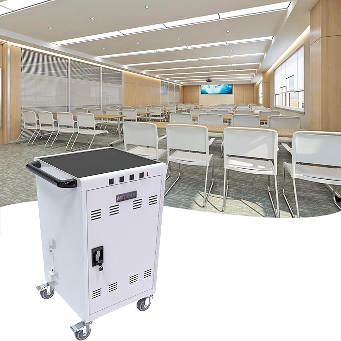 OFLILAK 36-Device Mobile Charging Cart with Charging Power Strip and Front and Rear Access Locks, Cable Management, Up to 17"", Safe Charging Cabinet for Ipads, Chromebooks, Tablets, Laptops White