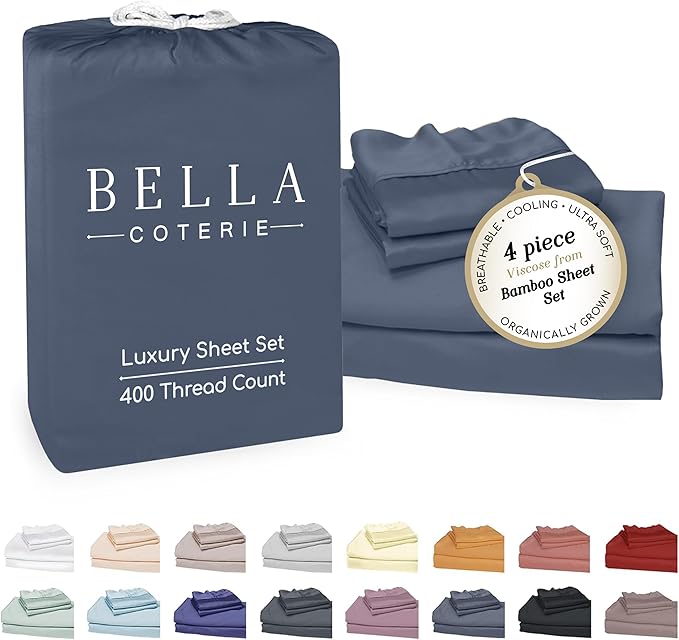 Bella Coterie Luxury Bamboo Viscose Cal King Size Sheet Set | 100% Organically Grown | Ultra Soft | Cooling for Hot Sleepers | 18" Deep Pocket [Slate Blue]