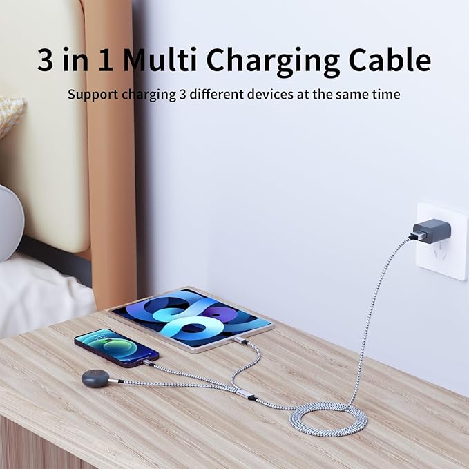 Firsting Multi Charging Cable(2Pack 4FT), 3 in 1 Charging Cable Nylon Braided Universal Charger Phone Charger Cord with Type-C,Micro USB,IP Port for iPhone16/15 Series/Phone&Pad-Blue+Gray