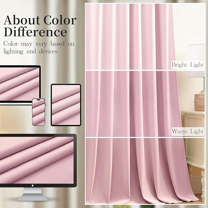 Baby Pink Velvet Curtains 96 Inches for Girls Bedroom, Thermal Insulated Super Soft Room Darkening Curtains Luxury Window Drapes for Living Room Nursery, Back Tab Rod Pocket, W52 x L96, 2 Panels