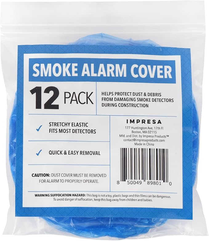 IMPRESA Pack of 12 Temporary Smoke Detector Cover Pack - Dust & Debris Barrier with Smoke Detector Dust Guard - Fire Alarm Cover for Renovation & Cooking - Alarm Caps for Construction