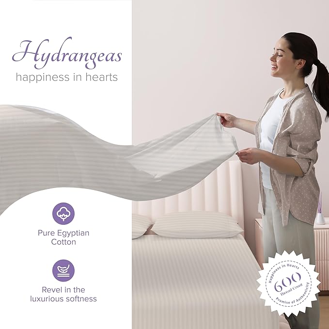 Carressa Linen Luxury Egyptian Cotton Twin Stripe Sheet Set - 600 Thread Count Extra Long Staple 3 PC Set, Twin Damask Sheets, Soft, Cooling Sateen Weave Striped Sheets Upto 18" Deep Pocket - Ivory