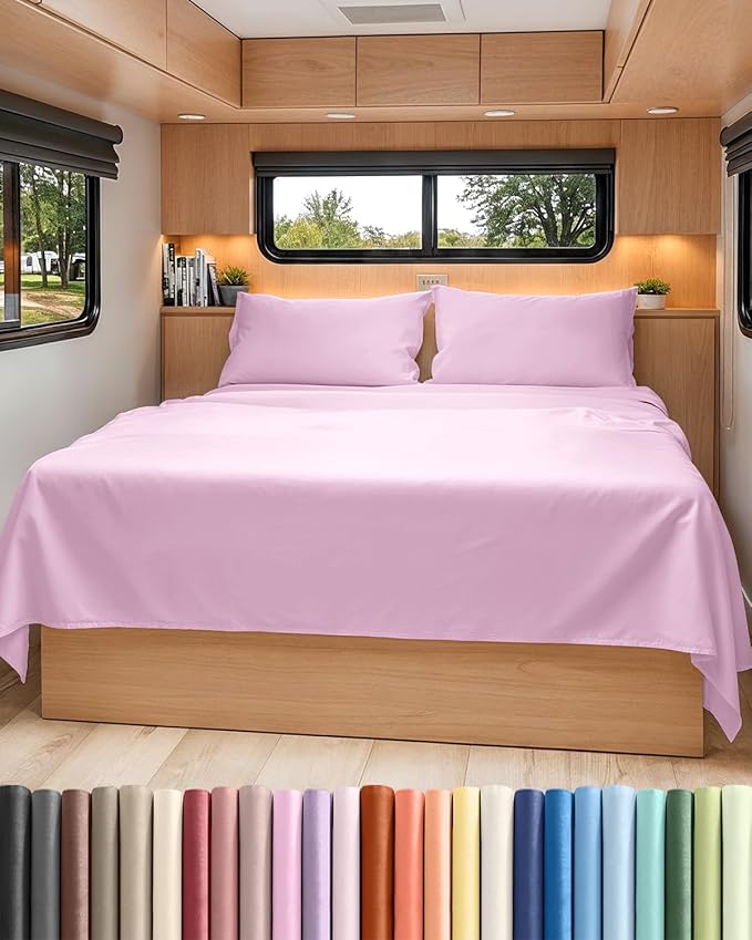 RV Short Queen Sheet Set 60 X 75 - 4 Piece RV Short Queen Bed Sheets - Soft, Breathable & Cooling - Designed for Bunks, Trailers & Campers - Fits 8” to 12" Mattress - Hotel Luxury Bedding - Light Pink