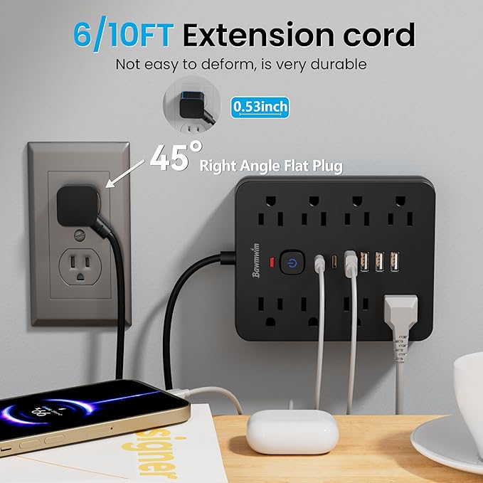 Bawmwim Surge Protector Power Strip, 8 Outlets(1250W/10A), 6 USB Charging Ports(2 USB C), 6FT Flat Plug Extension Cord Outlet Extender with Overload Protection, ETL Certified for Office, Dorm Room