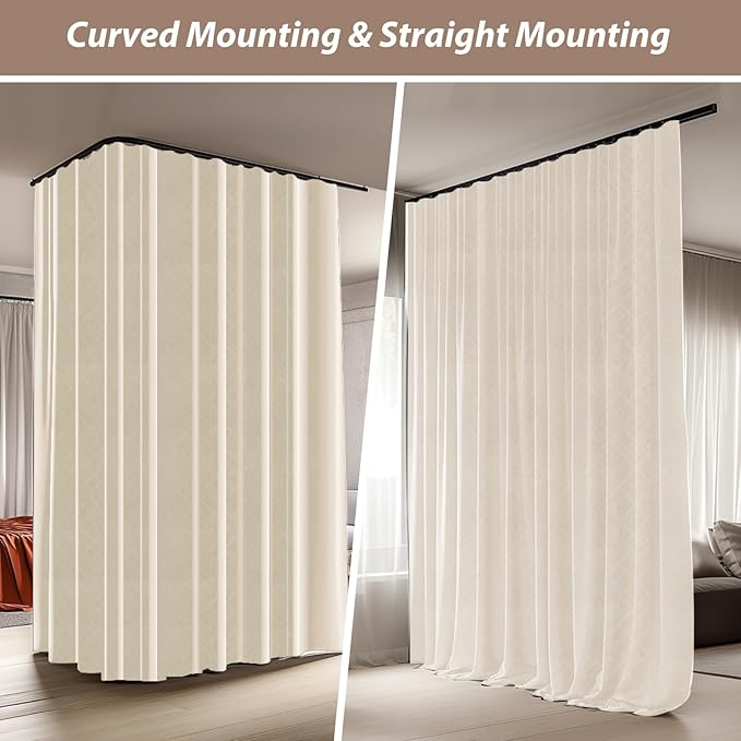 Room Divider Curtains with Ceiling Curtain Track Set Window Curtain for Bedroom,Living Room Total Blackout Thermal Insulated Privacy Ceiling Track Curtain W 9 × H 7 FT Beige drape&Black track