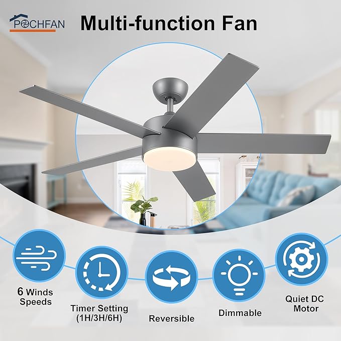 POCHFAN 52 inch Ceiling Fans with Lights and Remote Control Silver, Modern Ceiling Fan Dimmable 3 CCT Temperatures 6-Speed, Quiet LED Ceiling Fan for Bedroom, Living Room
