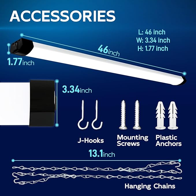 hykolity 4FT 70W LED Shop Light Linkable, 8000lm(300w Equivalent), 5000K Utility Shop Lights for Garages, Workshops, Basements, Hanging or FlushMount, with Power Cord and Pull Chain, ETL, Black,1 Pack