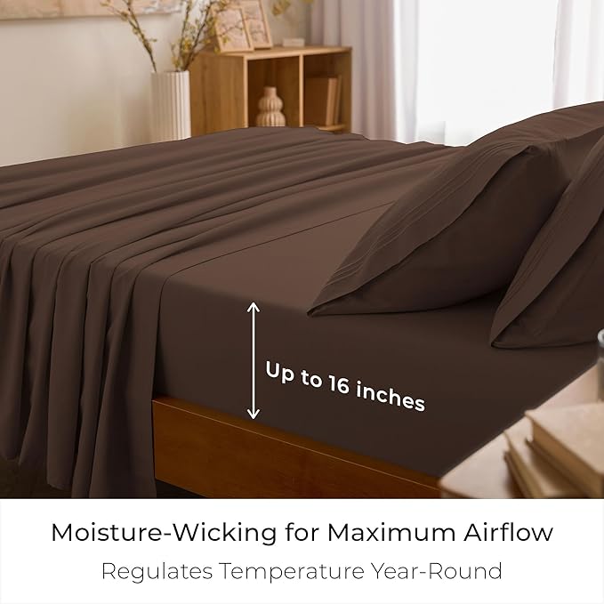Mellanni California King Sheet Set - 6-Piece Iconic Collection Bedding, (Including 4 Pillowcases), 16-Inch Deep Pocket, Easy Care, Extra Soft, Cooling Sheets, Brushed Microfiber - Brown