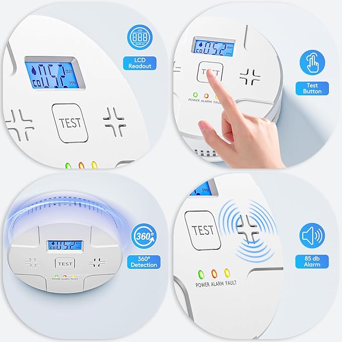 6 Packs,2 in 1 Technology, Smoke,Carbon Monoxide Detector, Co Alarm,85db Alert,LCD Readout,3 Color LED Indication,(Green Light Blinking at Work), with 3 AA Batteries,Easy Install,for Home and Kitchen
