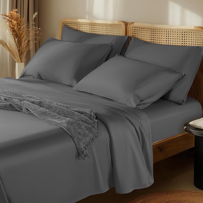 LBRO2M 1000 Thread Count 100% Egyptian Cotton Sheets Set 6 Piece Sets California King Bed Sheet Deep Pocket Sheet Set 16" Soft Comfortable All Season (California King, Dark Gray)