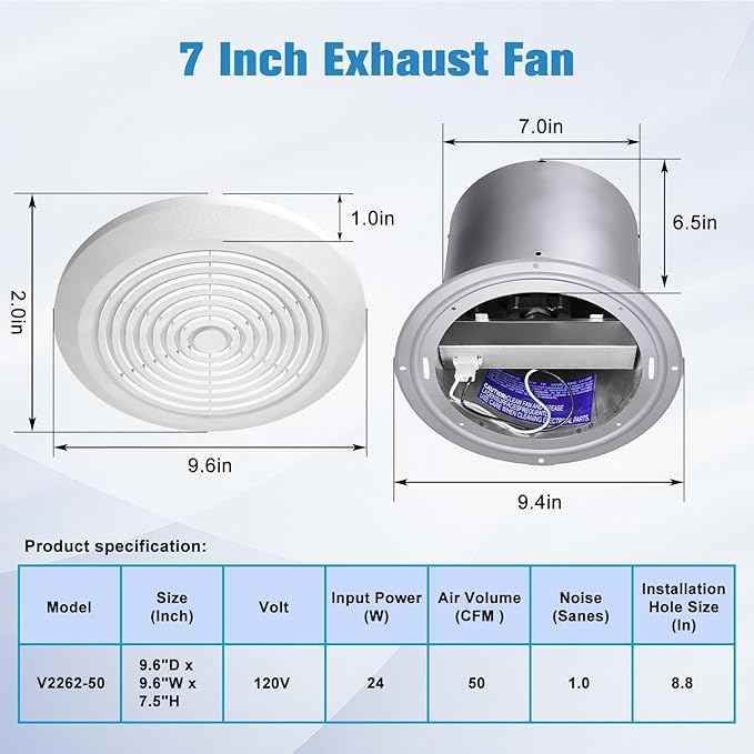 HTONG Innovation V2262-50 7 Inch Bathroom Exhaust Fan, 50 CFM Ceiling Exhaust Fan for 8" Rough-in Opening, 1.0 Sones Quiet Effective Ventilation for Bathroom, Kitchen, Laundry Room, Mobile Home