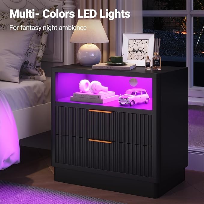ELYKEN Black Fluted Nightstand with Charging Station & LED Light, 24" Wide Wood Night Stand for Bedroom, 2 Drawer Bedside Table with USB & Type-C Port for Bedroom