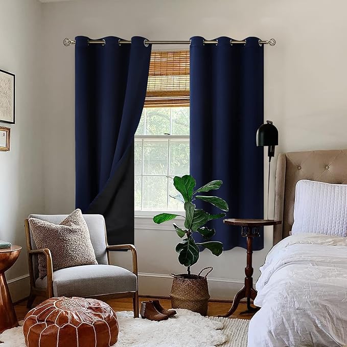 BGment Thermal Insulated 100% Blackout Curtains for Bedroom with Black Liner, Double Layer Full Room Darkening Noise Reducing Grommet Curtain (38 x 63 Inch, Navy Blue, 2 Panels)