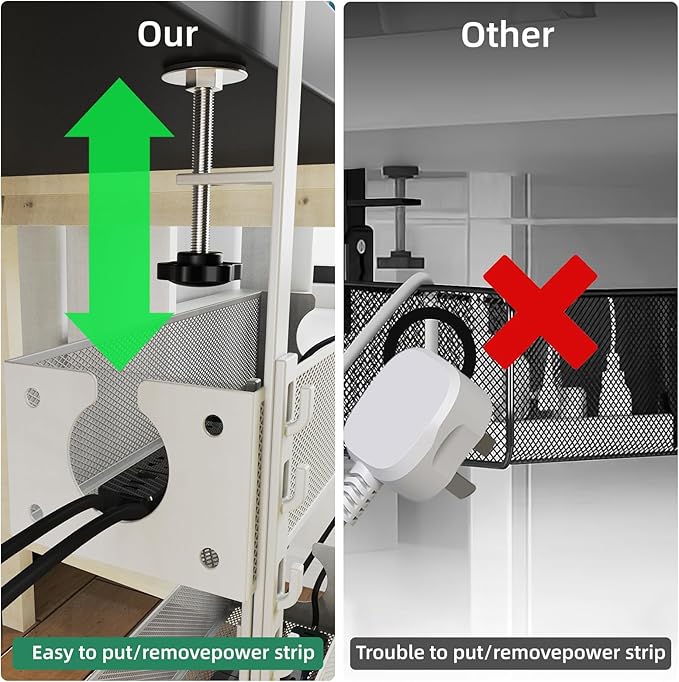 Multi-Model Under Desk Cable Management Tray 2 Packs Metal Under Desk Wire Management Clamp Mount Under Table Cord Management No Damage The Desk (White)