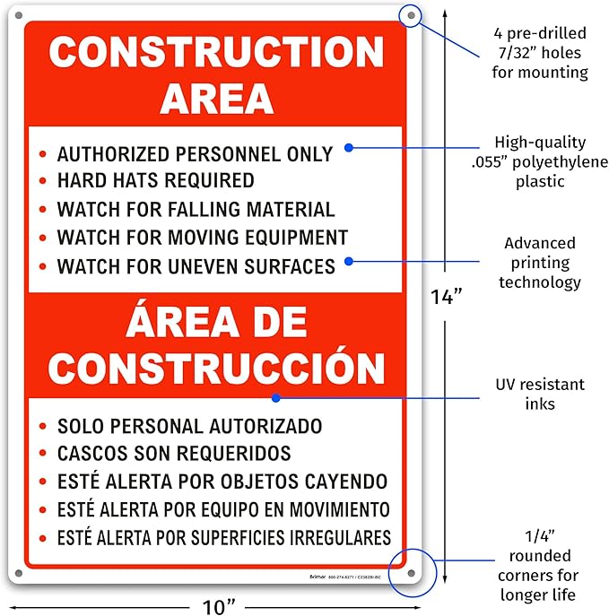Brimar - 10" x 14" - Bilingual Construction Area Rules Sign - .055″ Polyethylene Plastic - Bilingual Design - Easy Installation