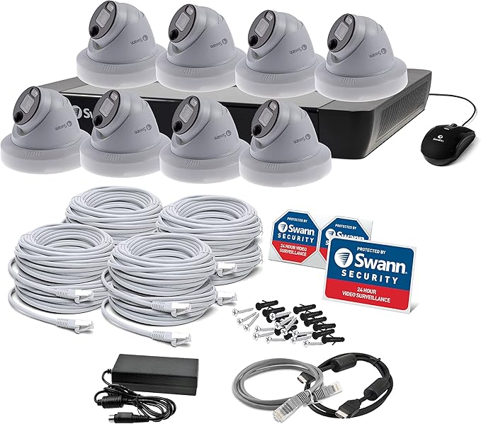 Swann 4K UHD Home Security Camera System, 16Ch NVR with 2TB HDD, 8 Indoor Outdoor Dome IP Cameras, PoE Wired, Video Analytics, 2-Way Audio, Sirens, Color Night Vision, True Detect, 24/7,1689808D