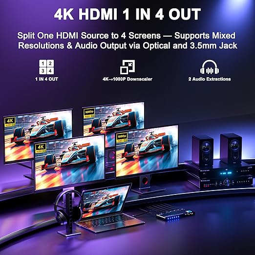 JCHICI 1x4 HDMI Splitter 4K@60Hz 4:4:4 HDR - with Audio Extractor (Optical/3.5mm), HDMI Switcher Splitter with EDID Management & Downscaler, HDCP 2.2 Compatible for PS5/Xbox/Apple TV (18Gbps)