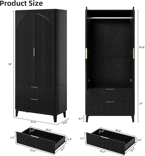 70.1" Arched Wooden Armoire Wardrobe Closet with 2 Doors and 2 Drawers, Fluted Bedroom Armoire with Hanging Rod Shelf, Clothing Storage Cabinet, Wardrobe Armoire Closet Cabinet for Bedroom
