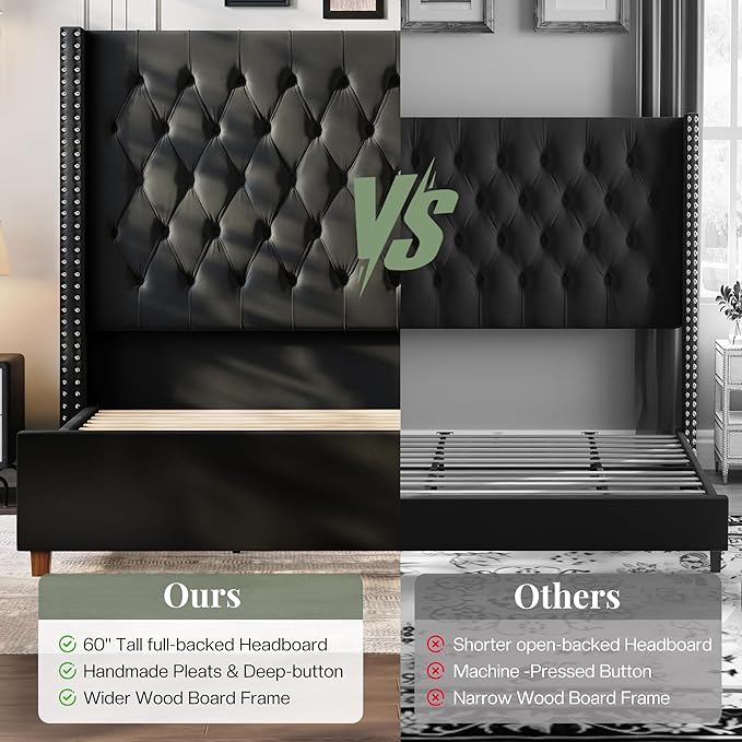 Jocisland California King Bed Frame with 61.4" Tall Wingback Headboard, Velvet Upholstered Platform Bed, Handcrafted Pleats& Deep Button Tufted, Solid Wood Legs, No Box Spring Required, Black