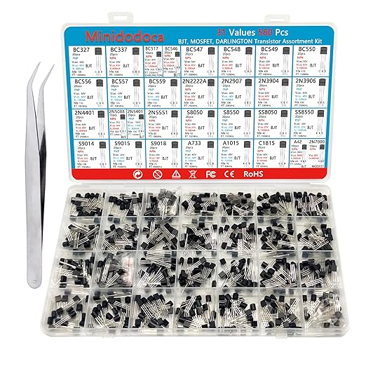 Minidodoca 31 Kinds 580pcs Assorted Type General Purpose TO92 Transistors PNP NPN Bipolar Power Transistor Assortment Kit 2n7000 Mosfet,BC517 Darlington,A42 High Voltage Transistors 2n2222A 2n3904