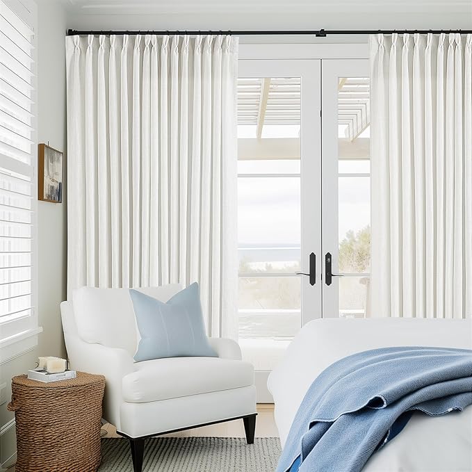 Beige White Pinch Pleated Extra Wide Curtain Panels 90 Inches Long 100 Wide Linen Curtain for Sliding Glass Door Semi Sheer Hooks Rings Privacy 90 Inch Length Drape for Living Room 100x90 1 Panel