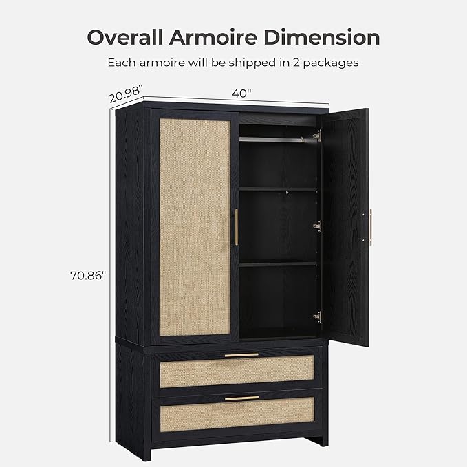 SICOTAS Larger Armoire Wardrobe Closet, 71" Tall Rattan Wardrobe Closet Cabinet with Storage and 2 Drawers, Boho Armoire Clothes Organizer with Hanging Rod for Bedroom, Black Oak (2 PCS)