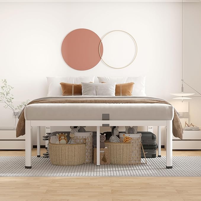 ROIL 14 Inch White California King Bed Frame with Rounded Corner and Headboard Hole Mattress Retainers, 3500LBS Heavy Duty Steel Slats No Box Spring Needed Platform Noise-Free Easy Assembly