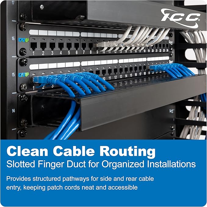 ICC 1U Finger Duct Cable Manager Panel with Cover, Plastic with Metal Back Frame, 5" Depth, Horizontal Cable Management, Rackmount for 19” Network Racks, Black, Single Pack