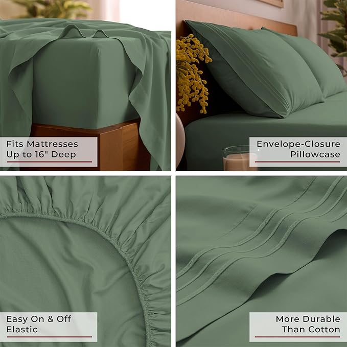 Mellanni Split King Sheet Set - 7-Piece Iconic Collection Bedding, (Including 4 Pillowcases), 16-Inch Deep Pocket, Easy Care, Extra Soft, Cooling Sheets, Brushed Microfiber - Sage
