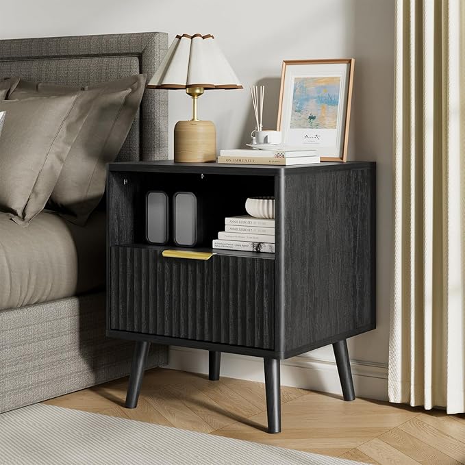 LYNSOM Fluted Dresser and Nightstand Sets 3 Piece, 6-Drawers Dresser and 1-Drawer Nightstands Set of 2, Wood Bedroom Furniture Set for Home, Bedroom, Hallway, Black