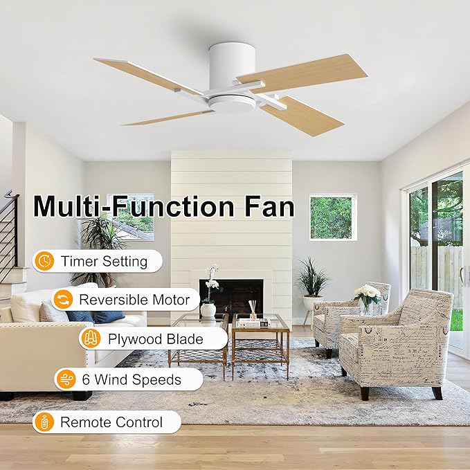 WINGBO 48 Inch Flush Mount Ceiling Fan without Light - 4 Plywood Blades, 6-Speed Reversible DC Motor, Noiseless Low Profile Ceiling Fan No Light for Bedroom Living Room, White and Oak/White