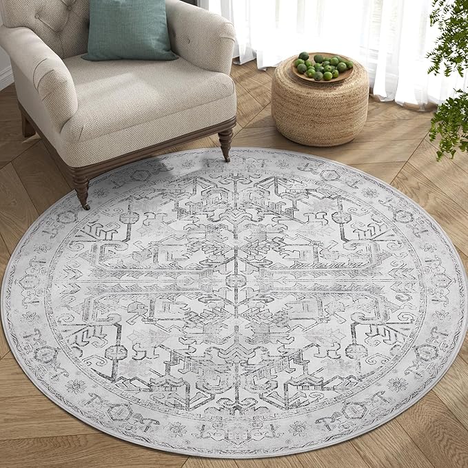 jinchan Lima Round Rug 4ft Vintage Machine Washable Area Rug Indoor Circle 4' Ultra-Thin Non-Slip Floral Print Carpet for Farmhouse Entryway Dining Room Living Room Bedroom Office (4'Round, Grey)