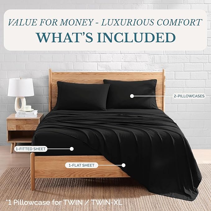 Casa Platino Ultra Soft Microfiber Bedding, Full Size Sheet Set with 15 inch Deep Pockets - Black