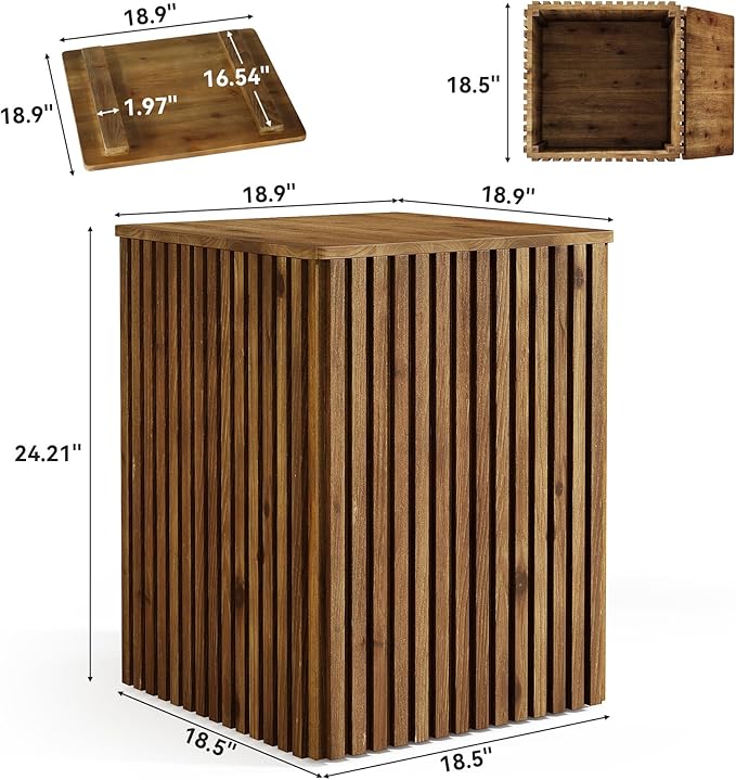 Solid Wood End Table Set of 2, Square Fluted Side Table for Living Room, Farmhouse Bedside Nightstand with Storage and Removable Lid for Bedroom, Small Spaces (2 PCS, Rustic Brown)