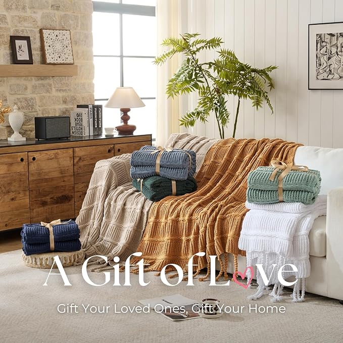 Boho Knitted Chenille Blanket with Tassels - Lightweight & Soft All-Season Throw - 3D Classic Pattern for Living Room Bedroom Couch, Royal Blue, Throw 50"x60"