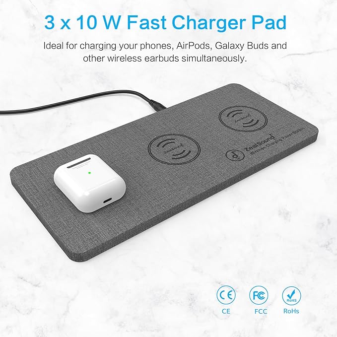 ZealSound Triple Wireless Charger,Charging Pad,Ultra Slim Fast 3x10W Charger Station for Multiple 3 Devices New Airpods Samsung Earbuds Mat Dock W/AC Adapter for All Wireless Charging Phones