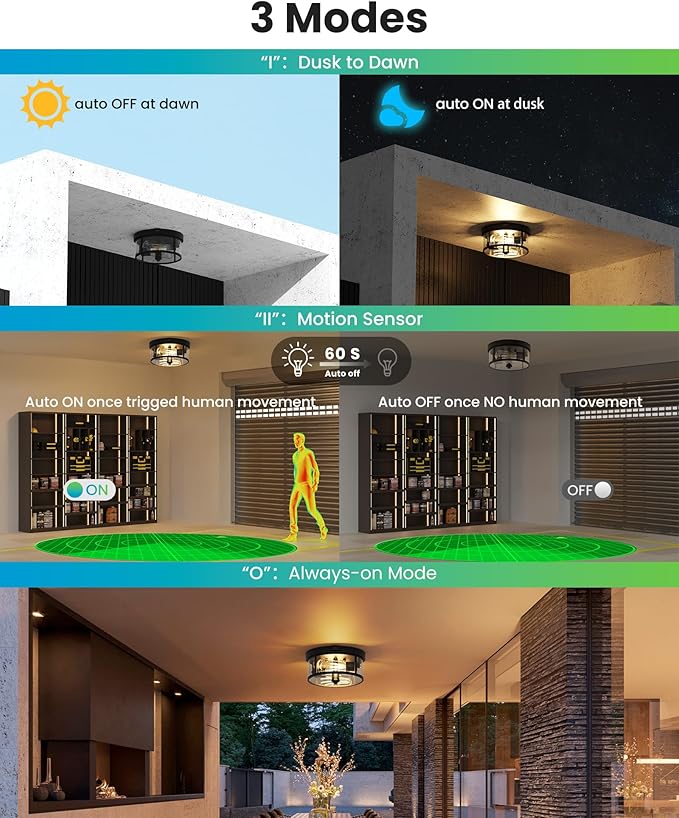 Craftersmark Outdoor Flush Mount Ceiling Light - 12.5in Motion Sensor Porch Light, 2-Light E26 Socket, Durable Iron & Clear Glass, Light Fixtures for Porch, Driveway, Covered Patio, Farmhouse
