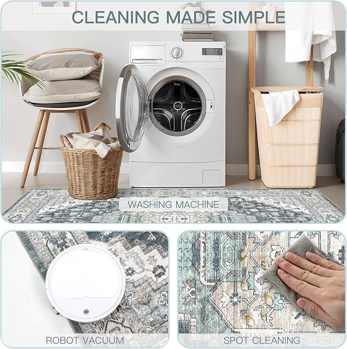 5x7 Vintage Washable Area Rug for Living Room,Low Pile Non Slip Carpet Non-Shedding Area Rug Soft Indoor Stain Resistant Rug Boho Print Mat for Bedroom Dining Room Blue Beige Multi