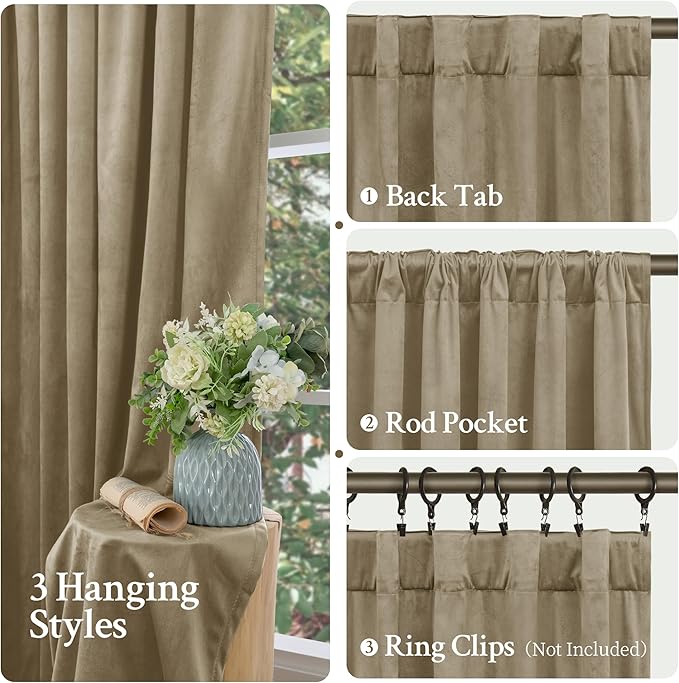 LAMIT Dark Taupe Velvet Curtains 96 Inch for Living Room, Thick Thermal Insulated Curtains Room Darkening Country Decor Back Tab and Rod Pocket Panels for Bedroom, 2 Panels, 52 x 96 Inch