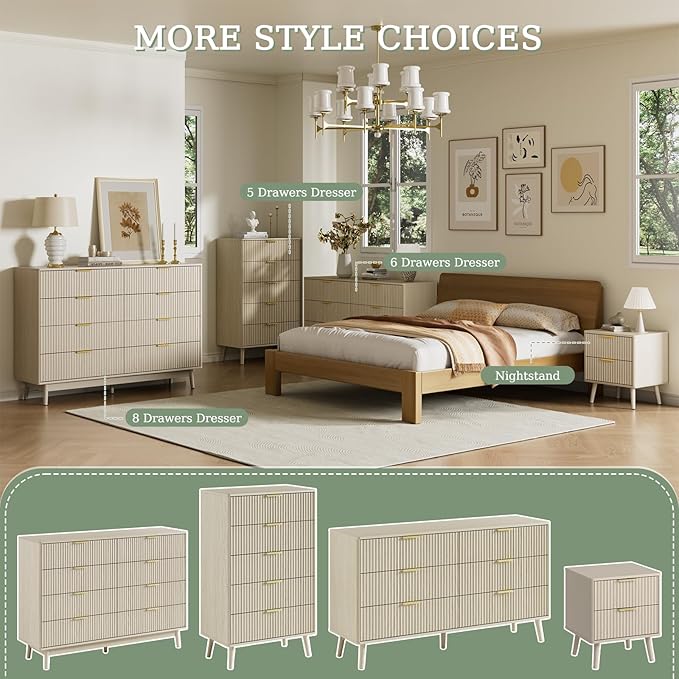 LYNSOM Fluted Dresser and Nightstand Sets 3 Piece, 5-Drawers Dresser and 1-Drawer Nightstands Set of 2, Wood Bedroom Furniture Set for Home, Bedroom, Hallway, Beige