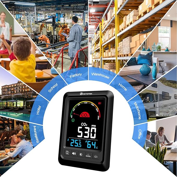 KETOTEK CO2 Monitor Indoor Air Quality Meter with CO2 Alarm, Temperature, Humidity Display, Portable Carbon Dioxide Detector for Home, Car, Office or School