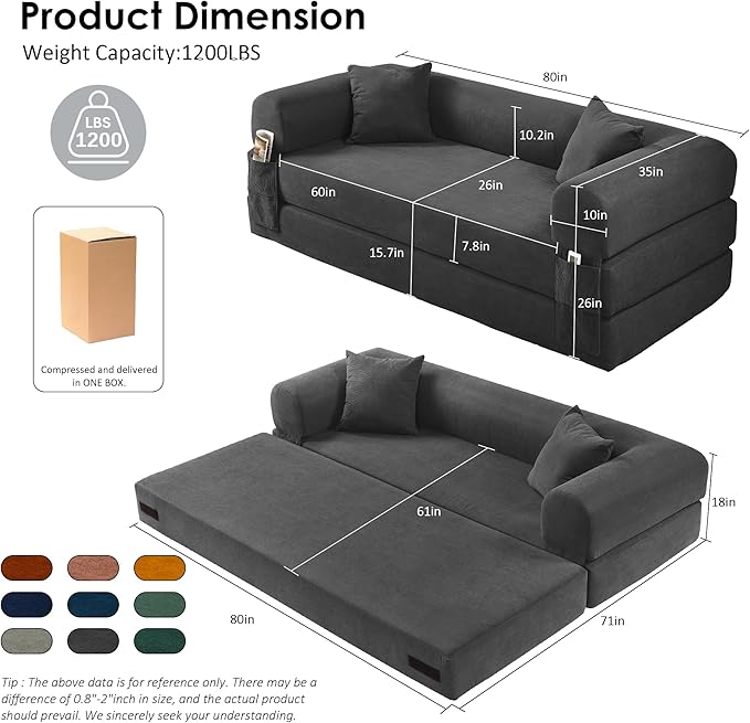 80" Convertible Sofa Bed, Corduroy Deep Seat Folding Pull Out Couch with Pillows, No Assembly Modern Boneless Couch Compression Sofa in Box, Floor Sofa with Storage Pocket for Living Room,Dark Grey