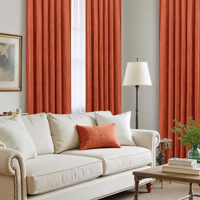 LAMIT Velvet Curtains 120 Inch for Living Room, Terracotta Thermal Insulated Room Darkening Drapes Rustic Vintage Noise Reducing Panels with Back Tab and Rod Pocket, 2 Panels, 52 x 120 Inch