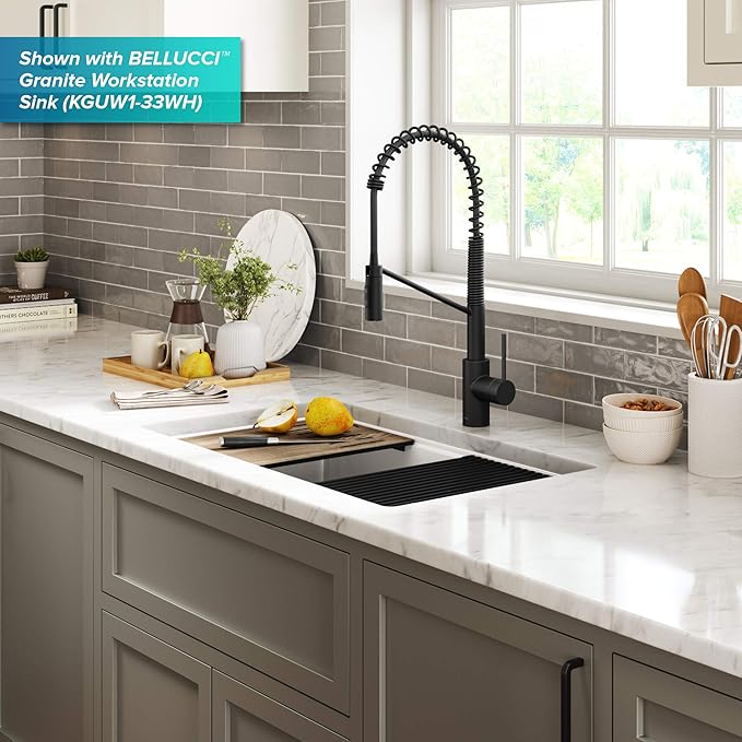 KRAUS Oletto Commercial Style Single Handle Pull Down Kitchen Faucet with QuickDock Top Mount Installation Assembly in Matte Black, KPF-2631MB