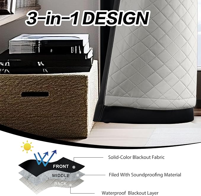 3-in-1 Winter Heavy Curtains-Thermal 100% Blackout Curtains for Bedroom Living Room with Grommet Design 1 Panel Black 50x80 Inch