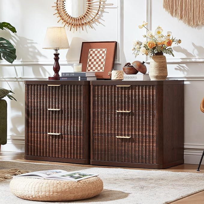 LEYAOYAO Fluted Nightstand with Charging Station, 23" Wide 3 Drawers Night Stand,Walnut End Table with Open Storage,Farmhouse Bed Side Tables, Wood Dresser for Bedroom, Living Room, Closet