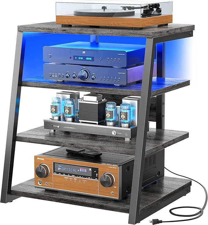 Armocity 4-Tier AV Media Stand with Power Strips, Stereo Stand with LED Lights, Rack Audio Tower with Adjustable Shelves, Small Entertainment Center, 30'', Grey Oak