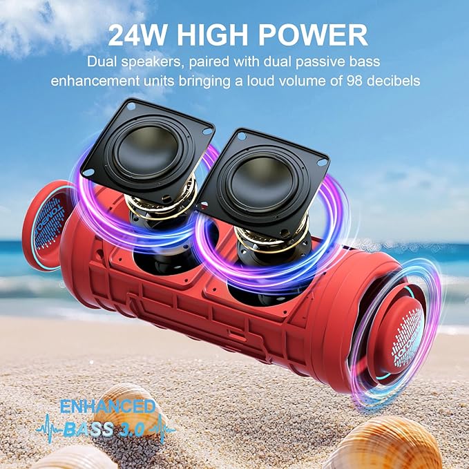 YOLOEMOT Waterproof Bluetooth Speaker, Wireless Shower Speaker with 24W Loud Stereo Sound and Bluetooth 5.3, Enhanced Bass, TWS Pairing, IPX7 Waterproof, 12 Hours of Playtime for Home/Outdoor (Red)
